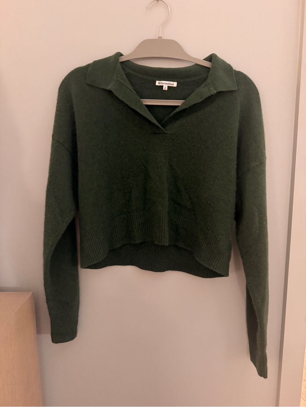 Reformation Deep Green Cropped Collared V-Neck Sweater